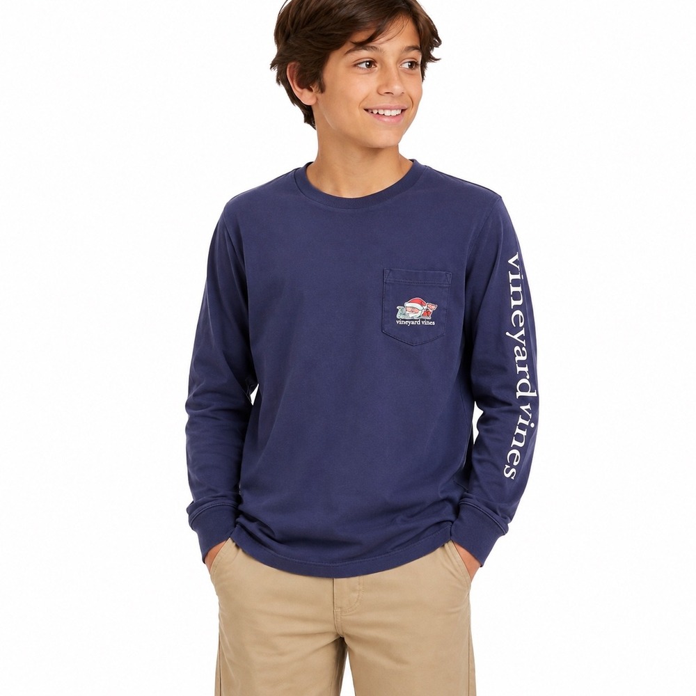Vineyard Vines T-Shirt Kids Small 8-10 Navy Santa Whale Christmas Long Sleeve